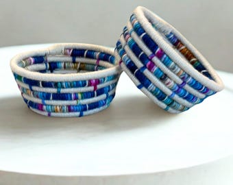 Blue Multicolored Basket Set | 2 Piece Decorative Baskets | Small Boho Home Decor | Home Decor | Hand Dyed Wool | Tabletop Accent Bowls