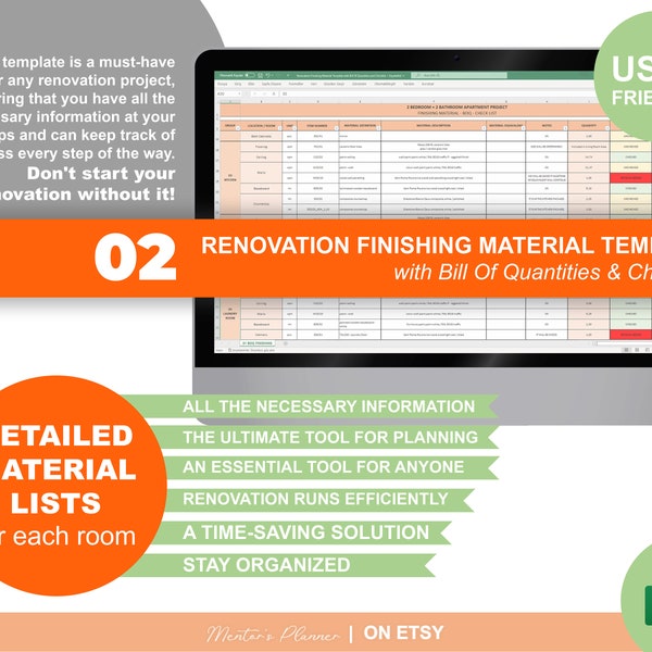 Renovation Finishing Material Template for Each Room with BOQ and Checklist, Editable Renovation Template Spreadsheet, Excel Template