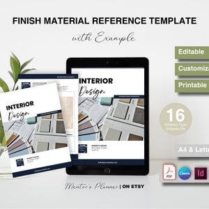 May include: A digital download template for interior design finish material references. The template features a light blue and white color scheme with the text "INTERIOR Design" and "Mentor's Planner | ON ETSY". The template is available in 16 different file types, including PDF, Canva, and Adobe Illustrator.