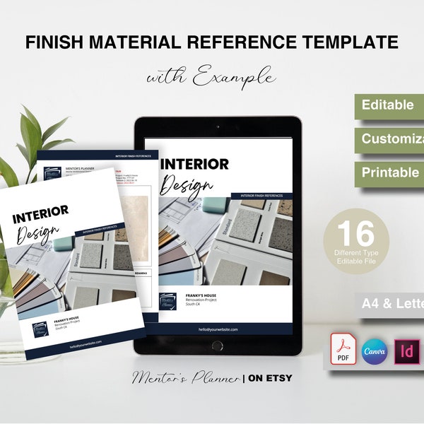 Finish Material Reference Template with Example, Finishing Schedule and Specification, Interior Process, Editable, Customizable, Printable