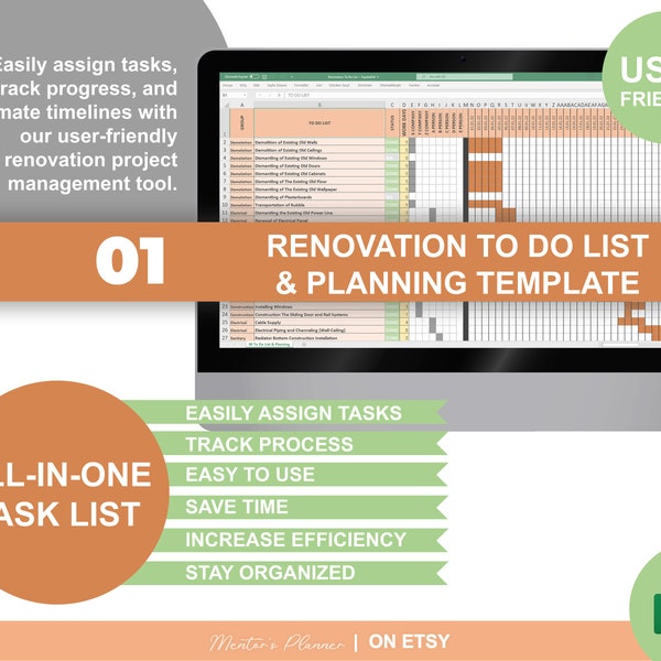 Renovation To-Do List and Planning Template, Renovation Project Management Tool, Excel Spreadsheet, Business Process Schedule Template