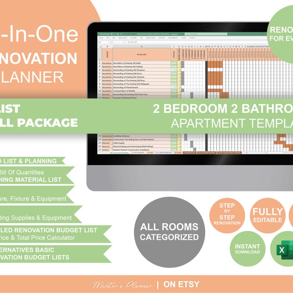 Home Renovation Template: 8 Essential Lists for Successful Renovations, Editable Renovation Planner Spreadsheet, Excel Template