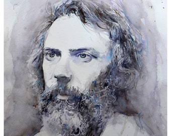 george moustaki, Original watercolor painting, aquarelle.
