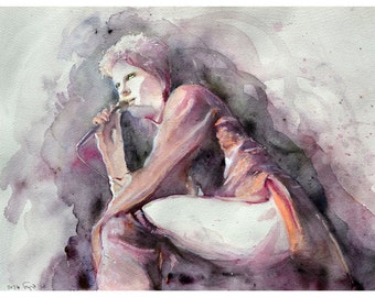 David Bowie Ziggy Stardust Performance - Original Watercolor Painting - Vintage Rock Star Art