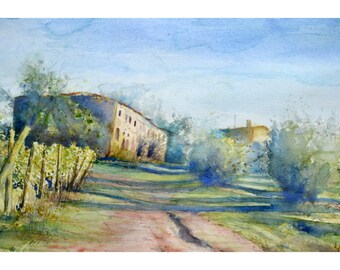Originele aquarel Toscaanse boerderij – Italiaans wijngaardlandschap
