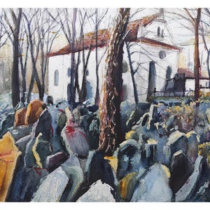 May include: A watercolor painting depicting a cemetery with a white building with a red roof in the background. The cemetery is filled with many gray and blue headstones. The trees in the foreground are bare and the sky is a light gray.