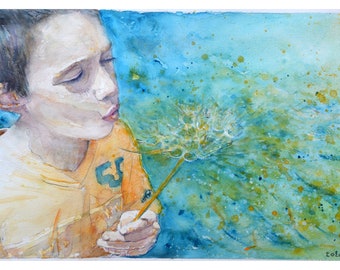 catch your Dreams, Original watercolor painting, aquarelle 44x26.
