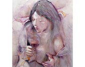 Whirling Thoughts, Dreamy Woman, Original Watercolor Painting with Warm Color Palette and Expressive Brush Movements