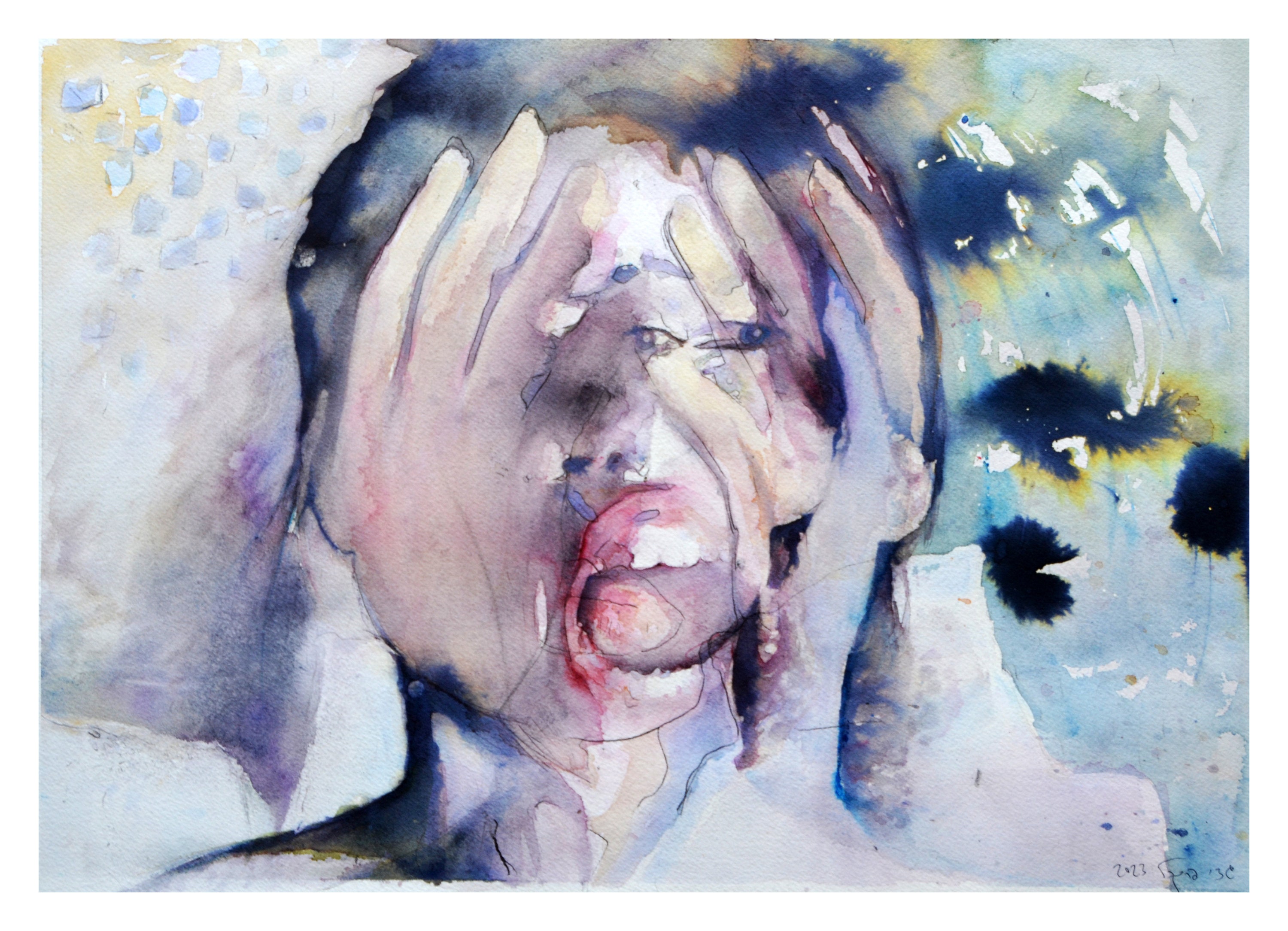 The Yell: Original Expressionist Watercolor Painting, Hands on Face, abstract aquarelle