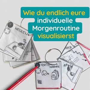 Może przedstawiać: Zestaw ilustrowanych kart połączonych kółkiem. Karty przedstawiają poranną rutynę z obrazkami i tekstem. Tekst na kartach zawiera "WECKEN" i "FERTIG ANZIEHEN".