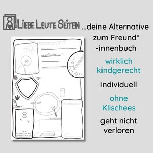 Może przedstawiać: Czarno-biała, drukowalna karta aktywności z pustym miejscem, na którym dziecko może narysować obrazek swojego przyjaciela. Na górze karty znajduje się tekst "LIEBE LEUTE SEITEN... deine Alternative zum Freund* -innenbuch". Tekst "wirklich kindgerecht individuell ohne Klischees geht nicht verloren" znajduje się po prawej stronie karty.