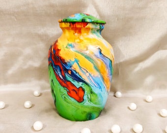 Urna cineraria arcobaleno gialla fatta a mano: urna commemorativa in alluminio (100 pollici cubi)