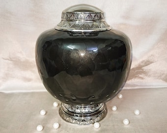 Black Empire Cremation Urn: Hand-Engraved Aluminum & Brass, 200 Cubic Inch
