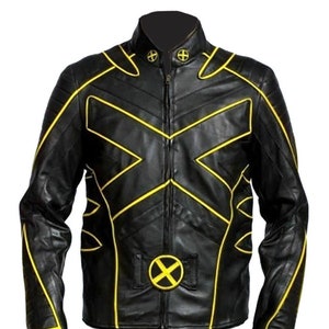 Veste de film X-Men Style Halloween Costume de cosplay fait main Veste de motard en similicuir noir et jaune Manteau de déguisement de pièce de moto pour hommes