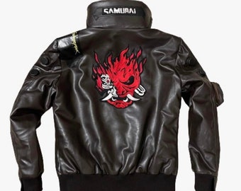 Samurai Cyberpunk 2077 Halloween Gaming Cosplay Bomber Jacket Mens Brown Faux / Real Cowhide Leather Handmade Embroidery Patch, Printed Coat