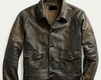 Double Flap Pocket Vintage Distressed Brown Street Leather Jacket Mens Handmade Rub-off Real Cowhide Leather Winter Jacket Men’s Coat