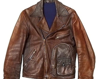 1920s D Picket Vintage Style Wax Distressed Leather Jacket Mens Handmade Rub-off Retro Real Leather Biker Jacket Men’s Streetwear Coat