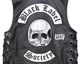 Black Label Society Moto Biker Black Leather Vest Mens Real Sheepskin Leather Handmade Embroidery Patch Sleeveless Jacket Biker Leather Vest