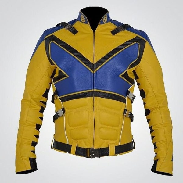 X-Men Leather Jacket Mens Halloween Comic Style Handmade Embossed Cosplay Costume Yellow, Faux Leather Biker Metal Buckle Motorcycle Coat