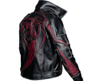 Proto Embossed Style Black Leather Jacket Mens Halloween Punk Gaming Cosplay Costume Faux Leather / Real Sheepskin Leather Comic Coat