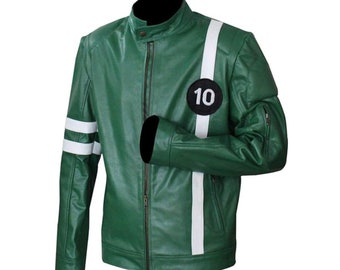 Tennyson Superhero Ben Ten Leather Jacket Handmade Embossed Halloween Cosplay Costume Green, Red, Black, Faux Leather Biker Coat