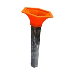May include: An orange funnel with a hexagonal top and a perforated, cylindrical base. The funnel is made of plastic and is designed to filter liquids. The base is dark gray and has many small holes.