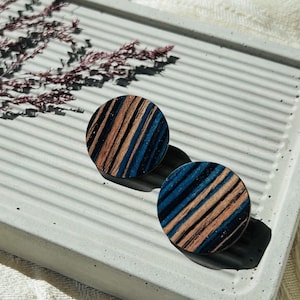Colorful round earrings, made of recycled wood and with silver hardware