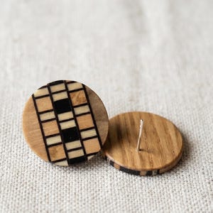 Geometric Wood Mosaic Stud Earrings, 25mm Round, Natural Hardwood, Sterling Silver Posts
