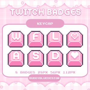 May include: Pink pixel art Twitch badges featuring keycap designs with letters and a heart symbol. The text "TWITCH BADGES" and "KEYCAP" are displayed at the top. The image also includes the text "8 BADGES 28PX 56PX 112PX" and "BUDDYBLUEDESIGN".