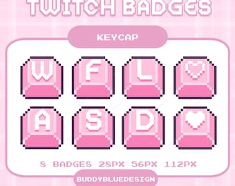 Badge per sottotitoli Twitch Pixel con tastiera rosa, simpatici badge per streamer con tasti, badge bit con pixel art kawaii, risorse di streaming predefinite color pastello rosa