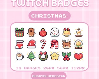 May include: A collection of 18 pixel art Christmas-themed Twitch badges. The badges include a gift, gingerbread man, ornament, snowman, bell, candle, stocking, Santa hat, candy cane, scarf, reindeer, snow globe, mug, tree, wreath, star, holly, and heart.