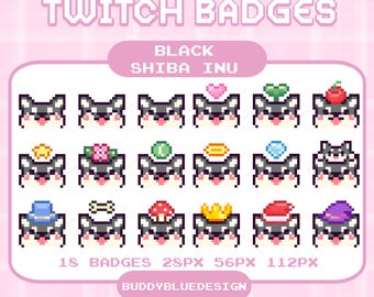 May include: A collection of 18 pixel art Twitch badges featuring a black Shiba Inu dog with various accessories. The badges are in a pink and white checkered background with the text "Twitch Badges" and "Black Shiba Inu".