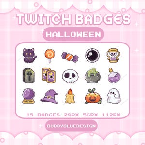May include: A set of 15 pixel art Halloween-themed Twitch badges. The badges feature a black cat, sweets, a skull, a cauldron, a pumpkin, and a ghost. The image text says "TWITCH BADGES HALLOWEEN".