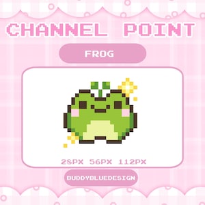 Könnte beinhalten: Eine pixelige grüne Frosch-Illustration mit fröhlichem Ausdruck, vor rosa Hintergrund. Das Bild enthält den Text "CHANNEL POINT" und "FROG" sowie Pixelmaße und den Namen des Designers.