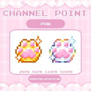 May include: Pixelated paw graphic with the text "CHANNEL POINT" and "PAW". The paw prints are in yellow and pink, and white and pink with rainbow accents. The image also includes the text "BUDDYBLUEDESIGN".