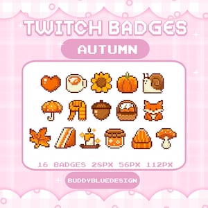 May include: Pixel art Twitch badges with an autumn theme. The badges include a heart, coffee cup, sunflower, pumpkin, snail, umbrella, scarf, acorn, basket, fox, leaf, cake, candle, jar, hat, and mushroom. Text reads "Twitch Badges" and "Autumn".