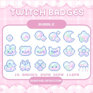Peut inclure: Ensemble de 18 badges Twitch en pixel art aux couleurs pastel, représentant des bulles, des animaux et des formes. Les badges sont disponibles en tailles de 28px, 56px et 112px. Le texte "Twitch Badges" et "Bubble" sont affichés.