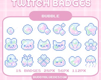 Insignias de suscripción de Twitch de Bubble, insignias de Bubble Bit, insignias de corazón de luna de gato kawaii, emoticones de pixel art, recursos de transmisión prediseñados