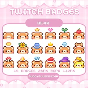 Może przedstawiać: Zestaw 18 pikselowych odznak Twitch z motywem misia, z różnymi akcesoriami, takimi jak gwiazda, serce i kwiat. Odznaki są w odcieniach pomarańczu i brązu, na różowym tle. Tekst zawiera "Twitch Badges" i "Bear".