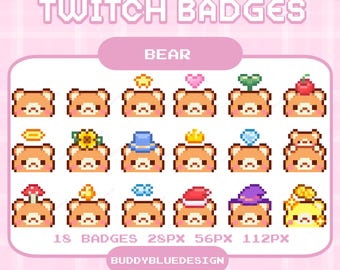 Badge Twitch a forma di orso, pixel di testa di orso kawaii carino, badge con bit di orso, pixel art di emoticon di animali, risorse di streaming predefinite, badge Twitch a forma di orso
