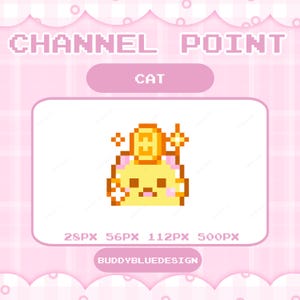 Könnte beinhalten: Pixelige Illustration einer gelben Katze mit einer Münze auf dem Kopf, vor einem rosa Hintergrund. Das Bild enthält den Text "CHANNEL POINT" und "CAT". Das Design zeigt auch den Text "BUDDYBLUEDESIGN".