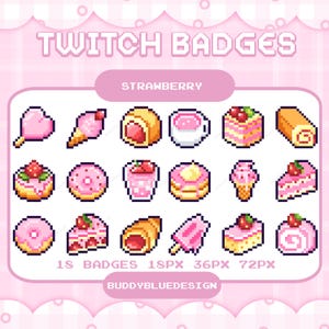 Jordgubbs-pixel Twitch-märken, söta rosa dessert-sub-märken, söt mat-Twitch-bit-märken, pastellfärgad pixelkonst-streamerikon, rosa kawaii-märken