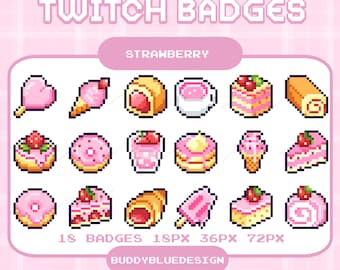 Distintivi Twitch a forma di pixel di fragole, distintivi per dolci rosa, distintivi Twitch a forma di bit di cibo dolce, icona streamer pixel art pastello, distintivi rosa kawaii