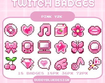 Badge rosa per abbonamenti Twitch Y2K, set di icone pixel carine per streamer, sovrapposizione rosa kawaii, pixel art con emoticon rosa, risorse di streaming predefinite