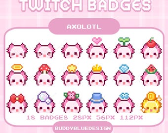 Badge Twitch con simpatico Axolotl, testa di Axolotl kawaii pixelata, badge rosa con animale, emoticon Axolotl pixel art, risorse di streaming predefinite