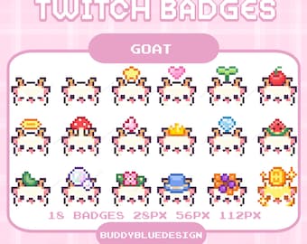 Distintivi Twitch a forma di capra bianca e crema, pixel di capra kawaii carina, distintivi di animali, pixel art di emoticon di capra, risorse di streaming predefinite