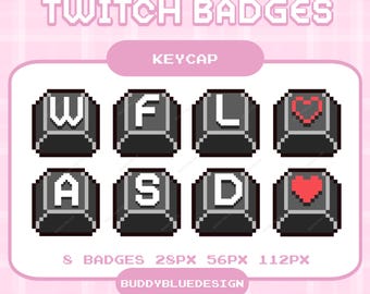 Badge sub Twitch Pixel per tastiera nera, simpatici badge per streamer con tasti, badge bit con pixel art kawaii, pixel art a forma di cuore rosso, risorse di streaming predefinite
