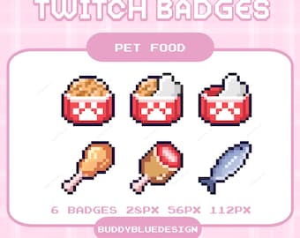 Badge Twitch per cibo per animali, pixel kawaii per cani, badge bit per cibo per animali, emoticon pixel art per cibo per gatti, risorse di streaming predefinite