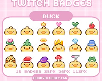 Badge Twitch a forma di anatra, badge fedeltà a forma di anatra pixelata, emoticon Twitch kawaii per streamer, set di badge gialli, risorse per lo streaming, pixel art