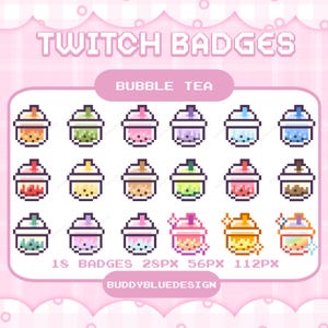 May include: A pink background with pixelated bubble tea Twitch badges. The text reads "Twitch Badges" and "Bubble Tea." There are 18 different bubble tea designs in various colors, with sizes 28px, 56px, and 112px. The design is by BuddyBlueDesign.